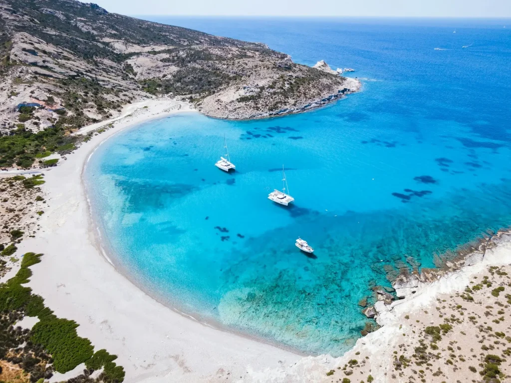 Aerial view of boats on Milos island, Greece.