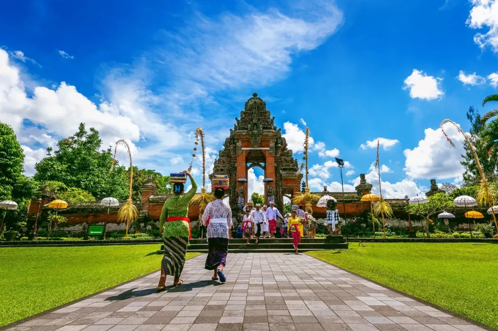 Religious ceremony at Pura Taman Ayun temple, Bali, Indonesia.