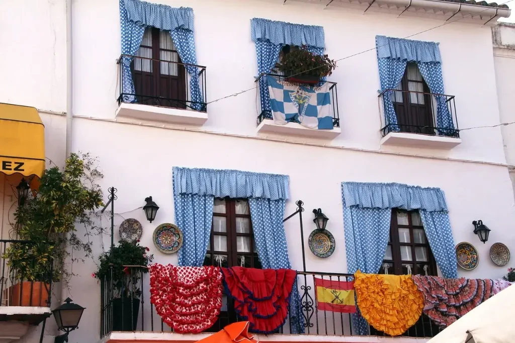 Building with blue curtains